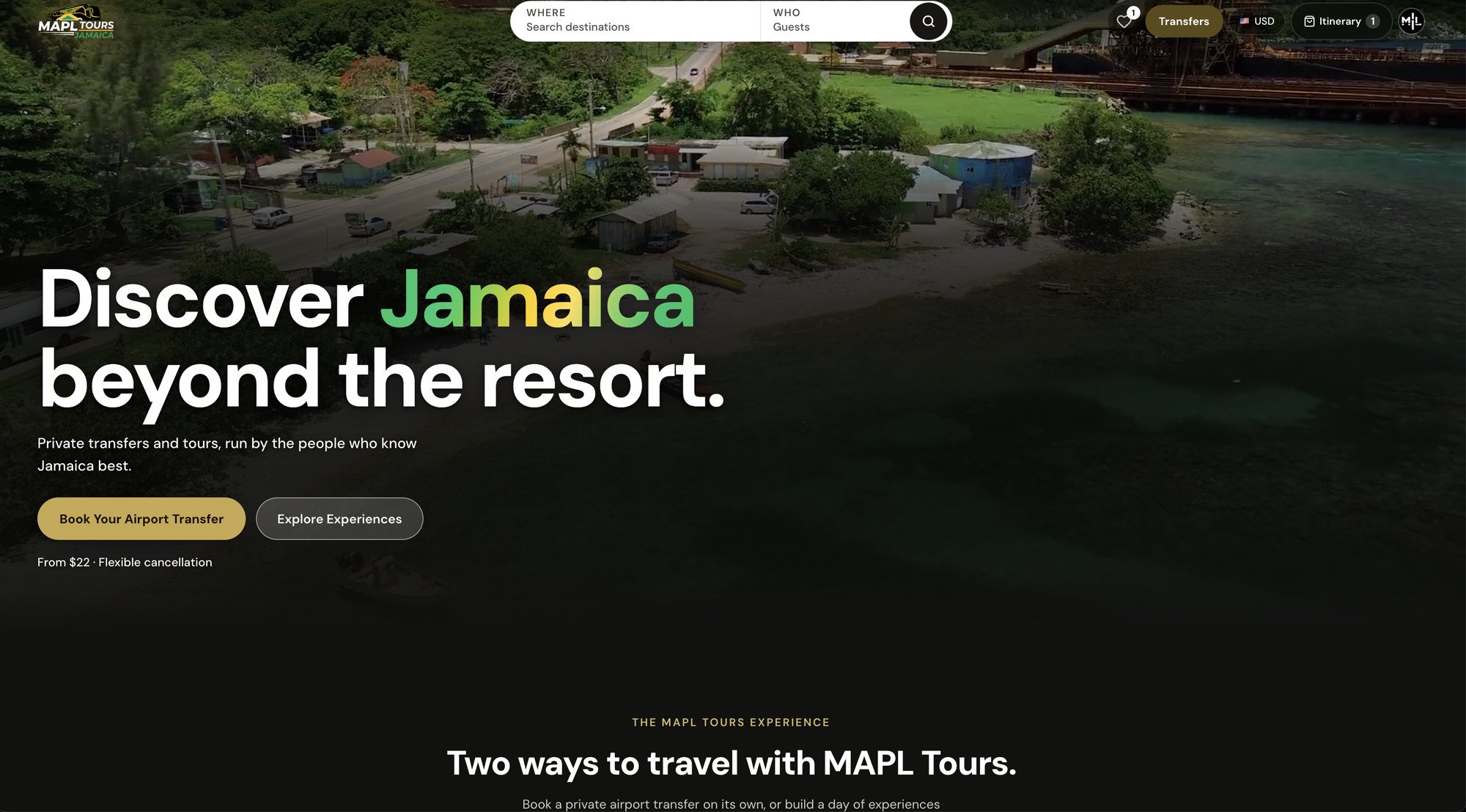 MAPL Tours homepage with the headline “Discover Jamaica beyond the resort.” over aerial footage of the Jamaican coast.